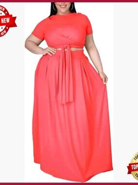 Plus Size 2 Piece Maxi Dress Set Empire Waist Bandage Wrap Crop Top